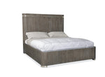 Wooden bed frame with white bedding on a white background