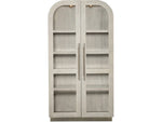 A gray wooden cabinet with two doors and glass panel inserts, standing upright.