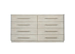 Beige dresser with six drawers on a white background