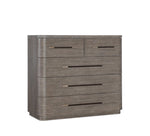 Wooden dresser with five drawers on a white background