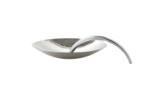 A silver chrome tray with a simple design and a handle, isolated on a white background.