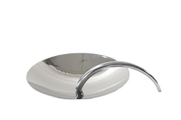A silver chrome tray with a simple design and a handle, isolated on a white background.