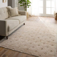 Living room with a beige sofa and textured area rug on wooden floor.