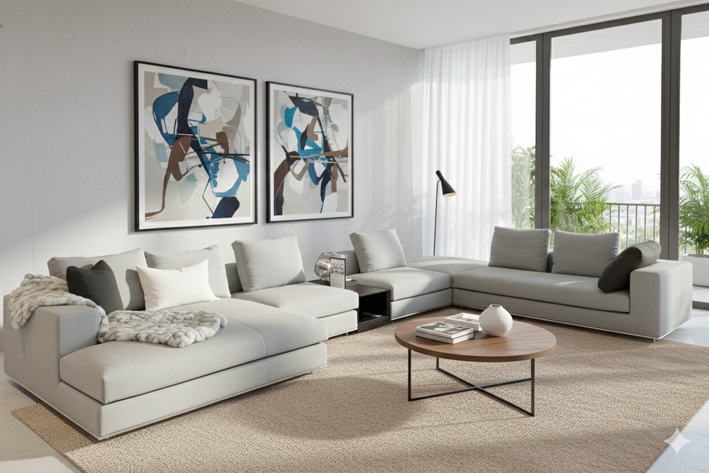 Modern living room with a sectional sofa, coffee table, and abstract art on the wall.