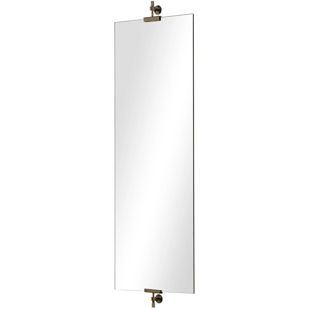 Rectangular mirror with metallic brackets on a white background