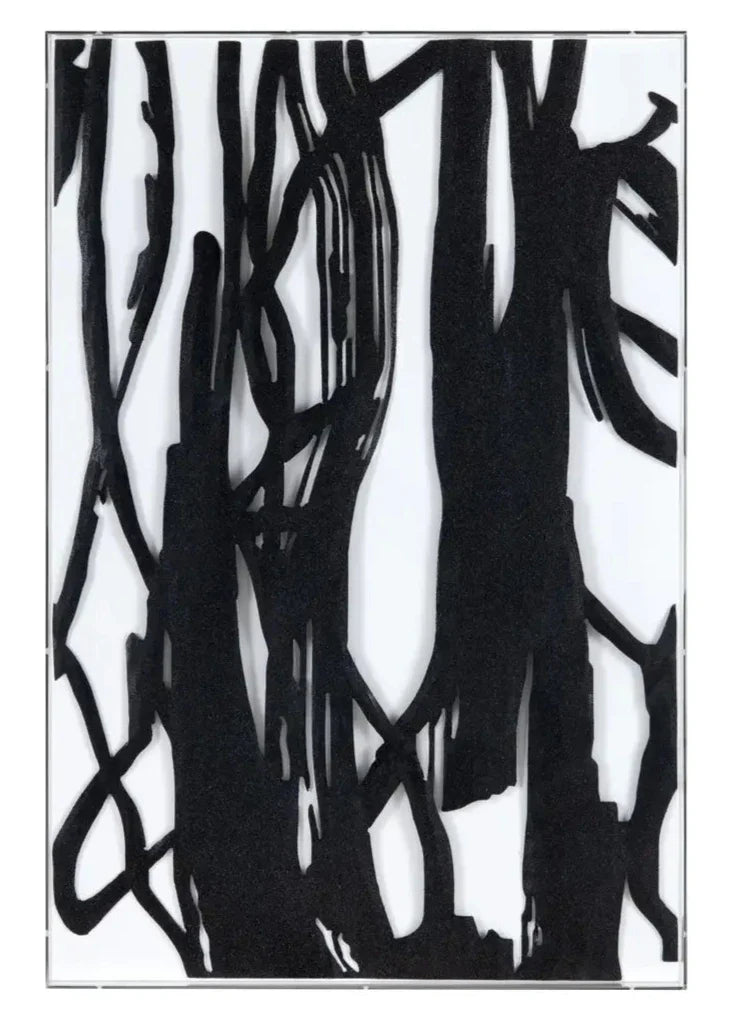 This image features a striking piece of classical wall art, measuring 24 x 2 x 36 inches. The artwork is a black and white abstract piece, with bold black lines on a white background, creating a modern and sophisticated look.