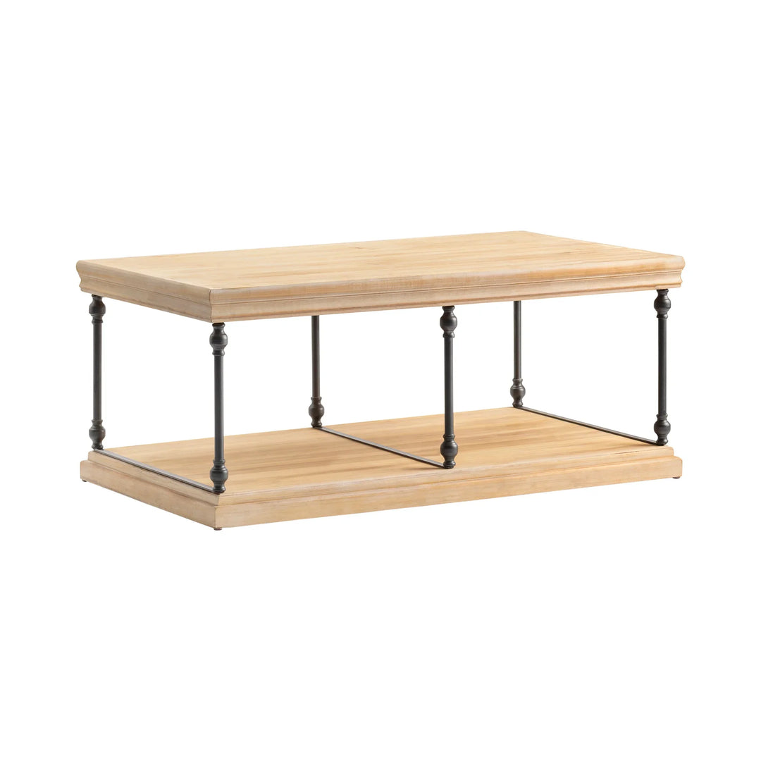 A wooden coffee table with a smooth surface and metal accents on the legs, featuring a rectangular tabletop and a lower shelf.