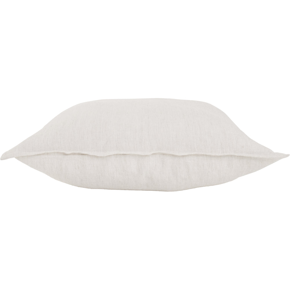 A square-shaped, beige linen throw pillow with a subtle textured pattern.