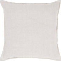 A square-shaped, beige linen throw pillow with a subtle textured pattern.