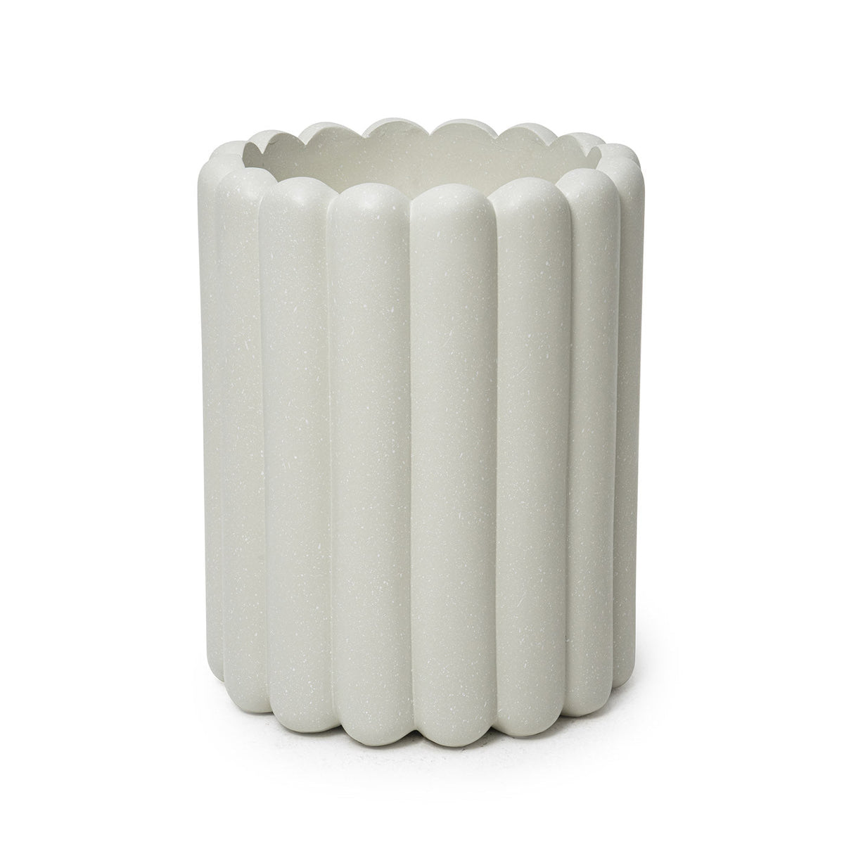 A beige cylindrical fiberglass planter with a ribbed design.