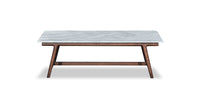 Coffee table with marble top and wooden legs on a white background