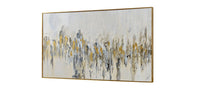 Abstract painting with gold and blue tones on a white background