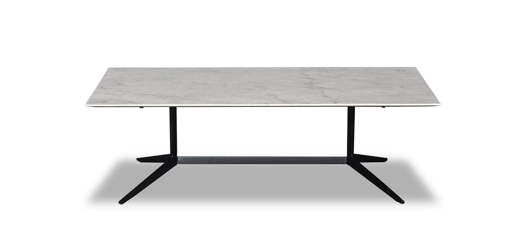 A rectangular marble coffee table with a metal frame and dark legs on a white background.