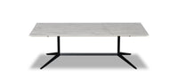 A rectangular marble coffee table with a metal frame and dark legs on a white background.