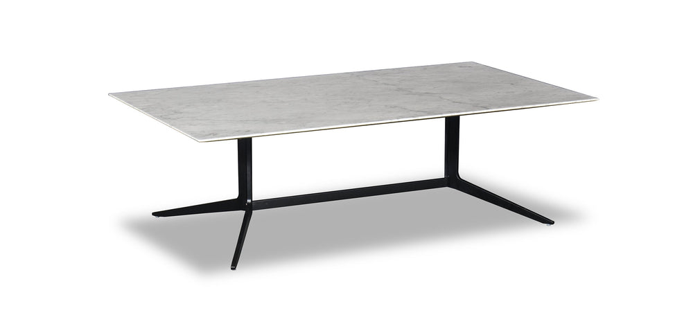 A rectangular marble coffee table with a metal frame and dark legs on a white background.