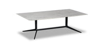 A rectangular marble coffee table with a metal frame and dark legs on a white background.