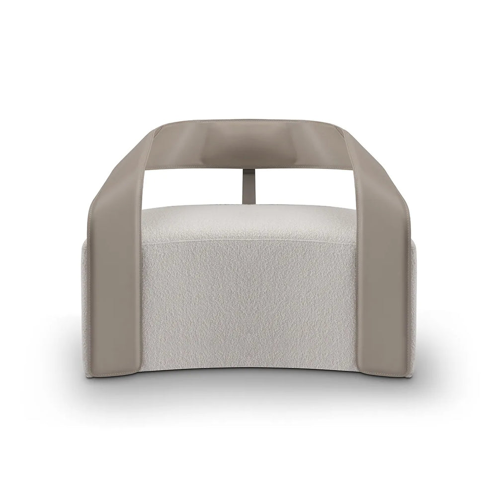Modern chair with beige frame and white cushion on a white background