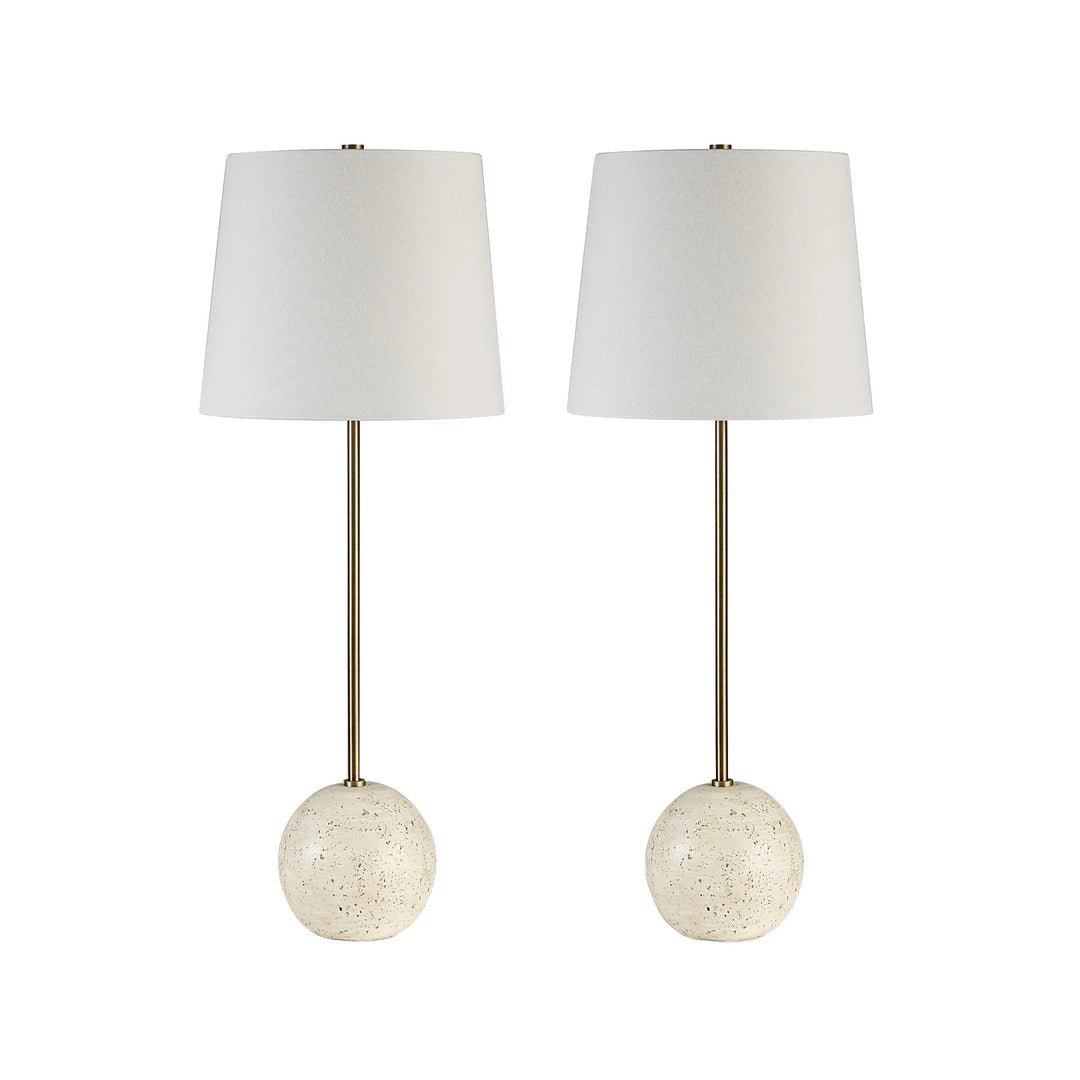 A pair of table lamps with white shades and a resin cream finish base, including a dimmer switch.