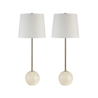 A pair of table lamps with white shades and a resin cream finish base, including a dimmer switch.