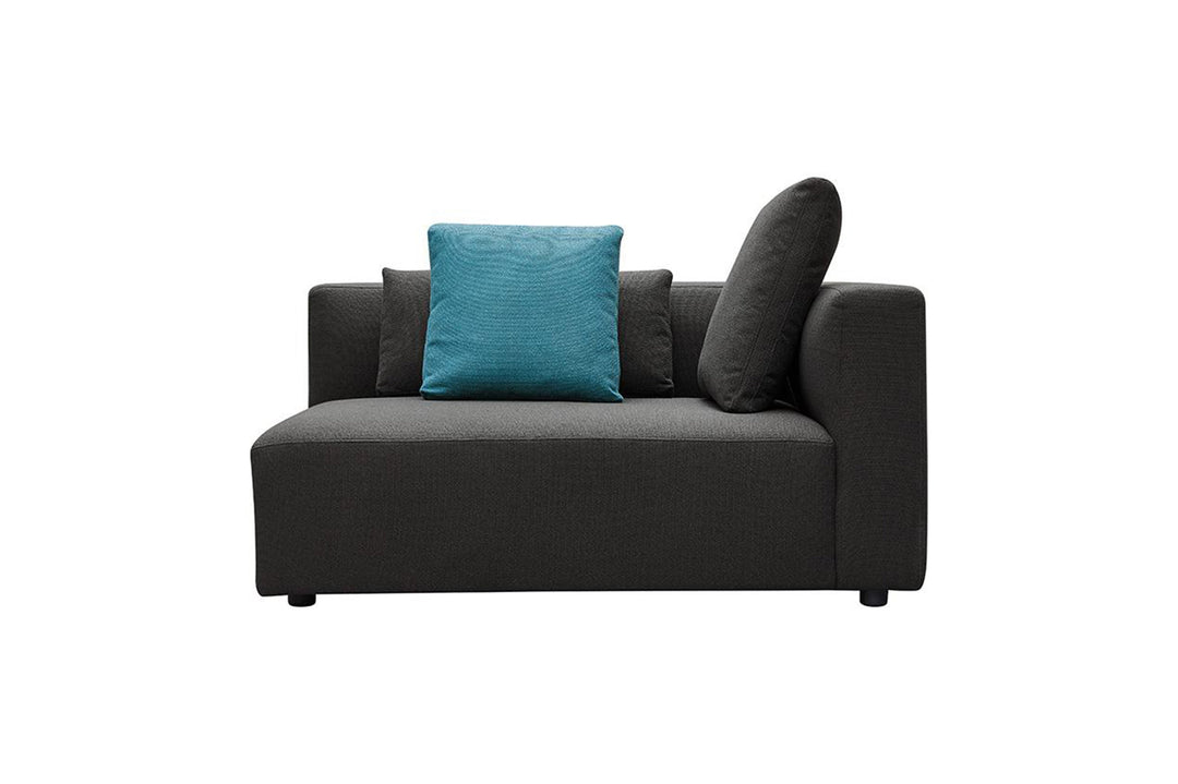 A black left arm loveseat with a single blue cushion on a white background.
