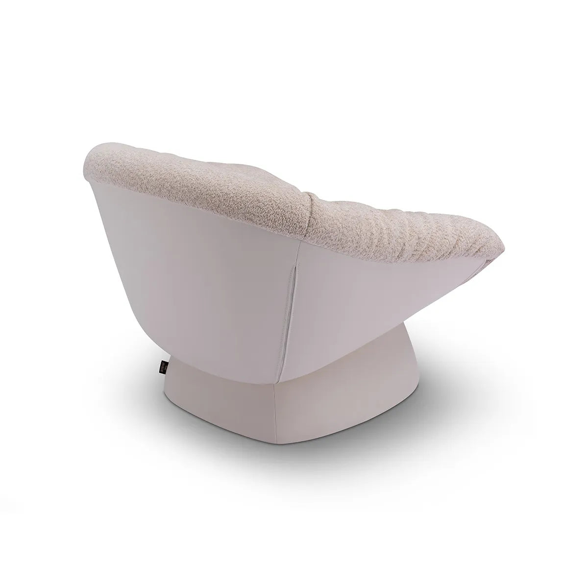 Modern chair with a curved design and beige cushion on a white background