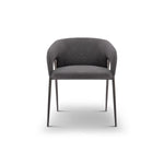 Gray upholstered chair with metal legs on a white background