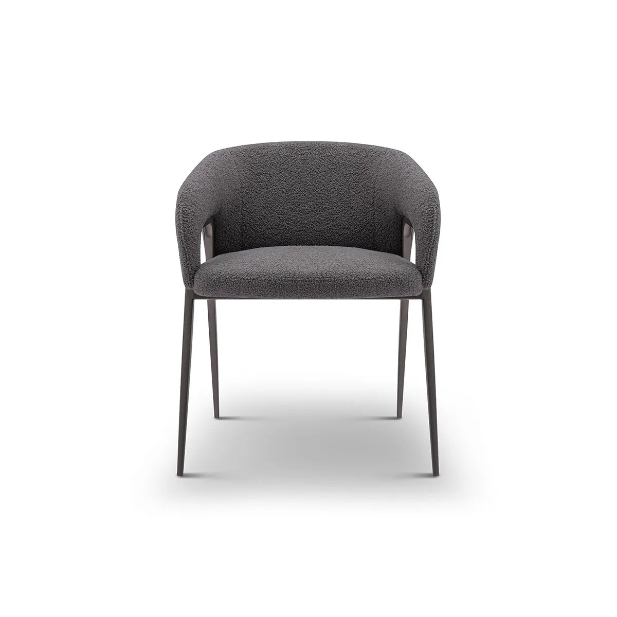 Gray upholstered chair with metal legs on a white background