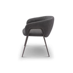 Gray upholstered chair with metal legs on a white background