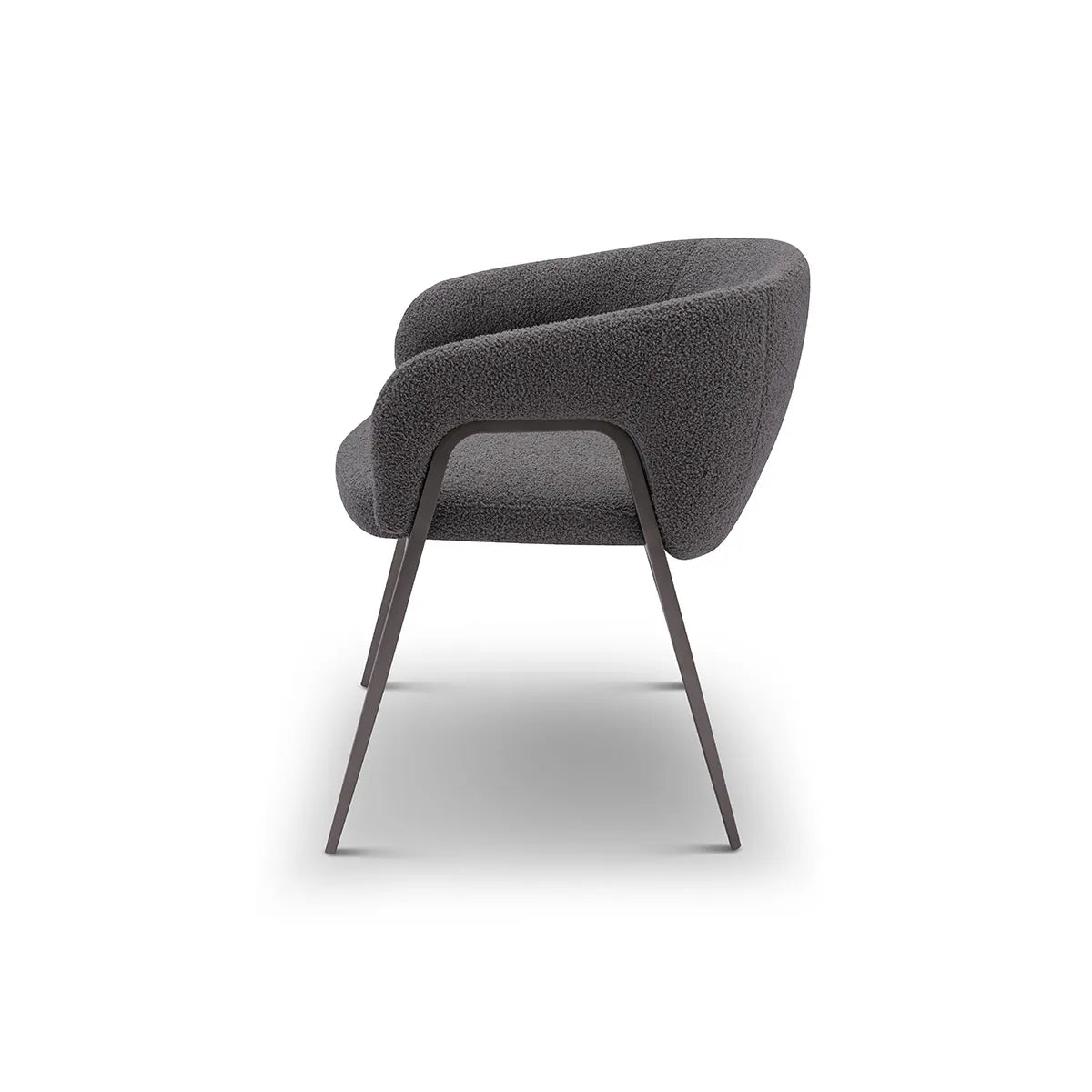 Gray upholstered chair with metal legs on a white background