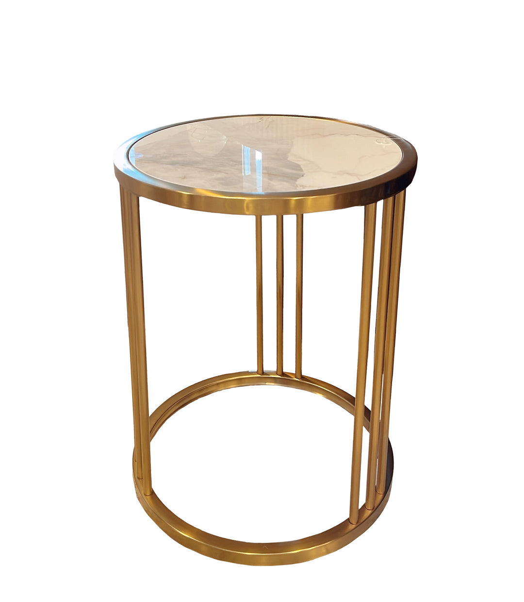 Gold side table with glass top on a white background