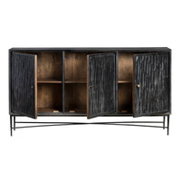 Wooden cabinet with black metal frame on a white background