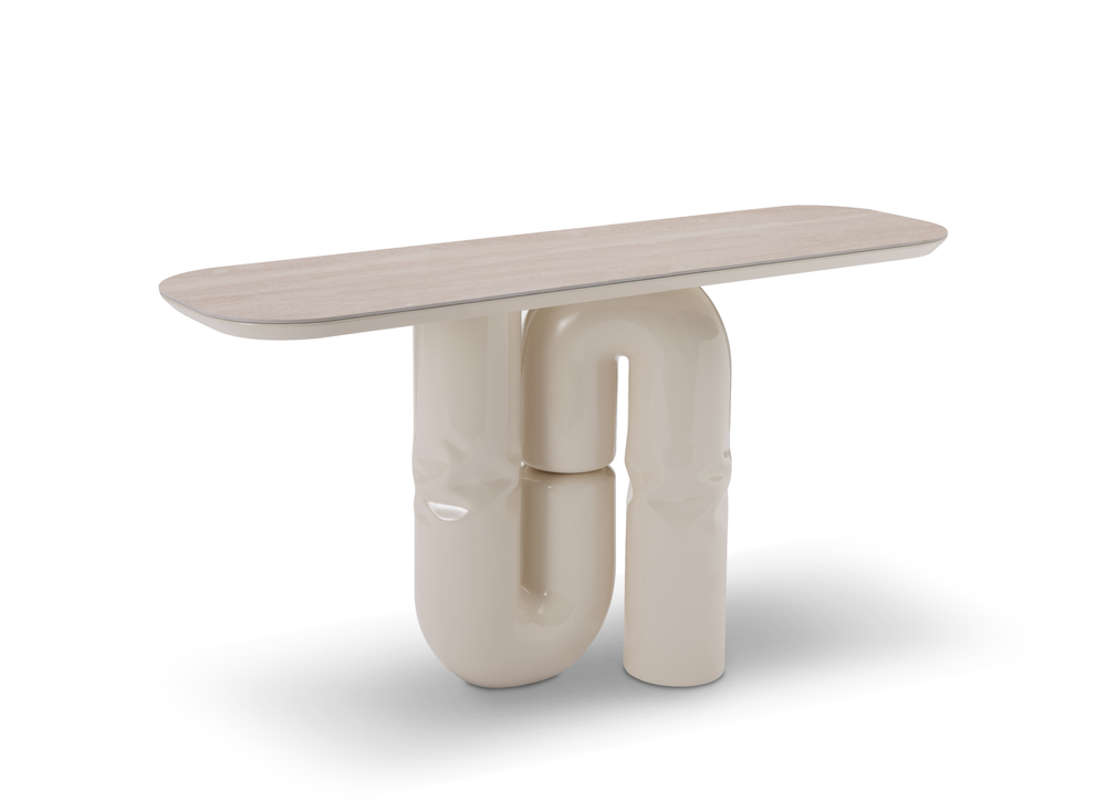 Modern console table with pipe-like base on a white background