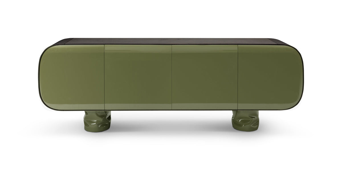 Modern green coffee table with a black top on a white background