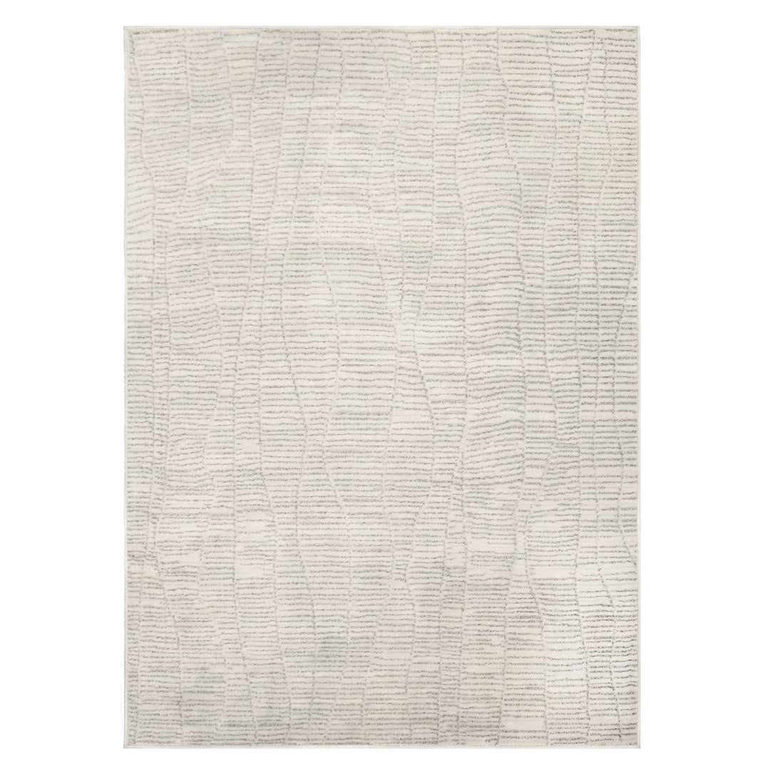 Textured area rug with a neutral color palette on a white background
