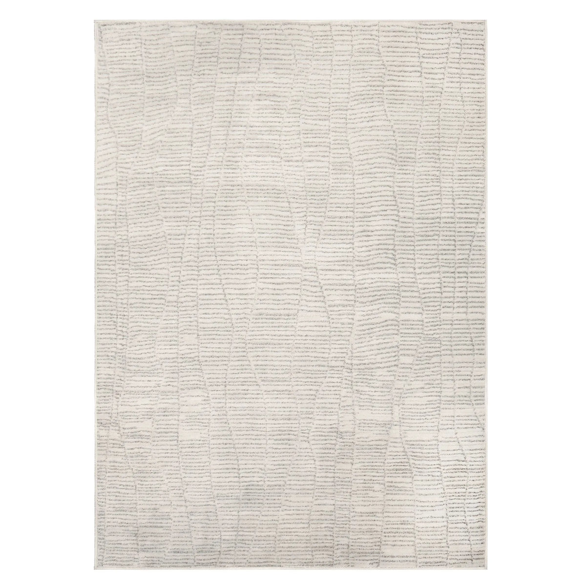 Textured area rug with a neutral color palette on a white background