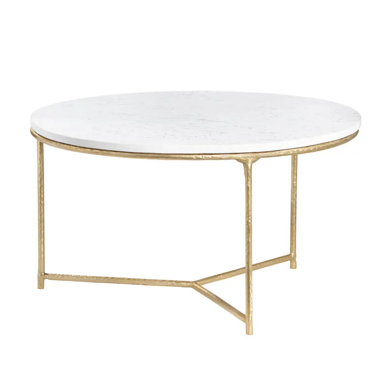 Round coffee table with white marble top and gold metal frame on a white background