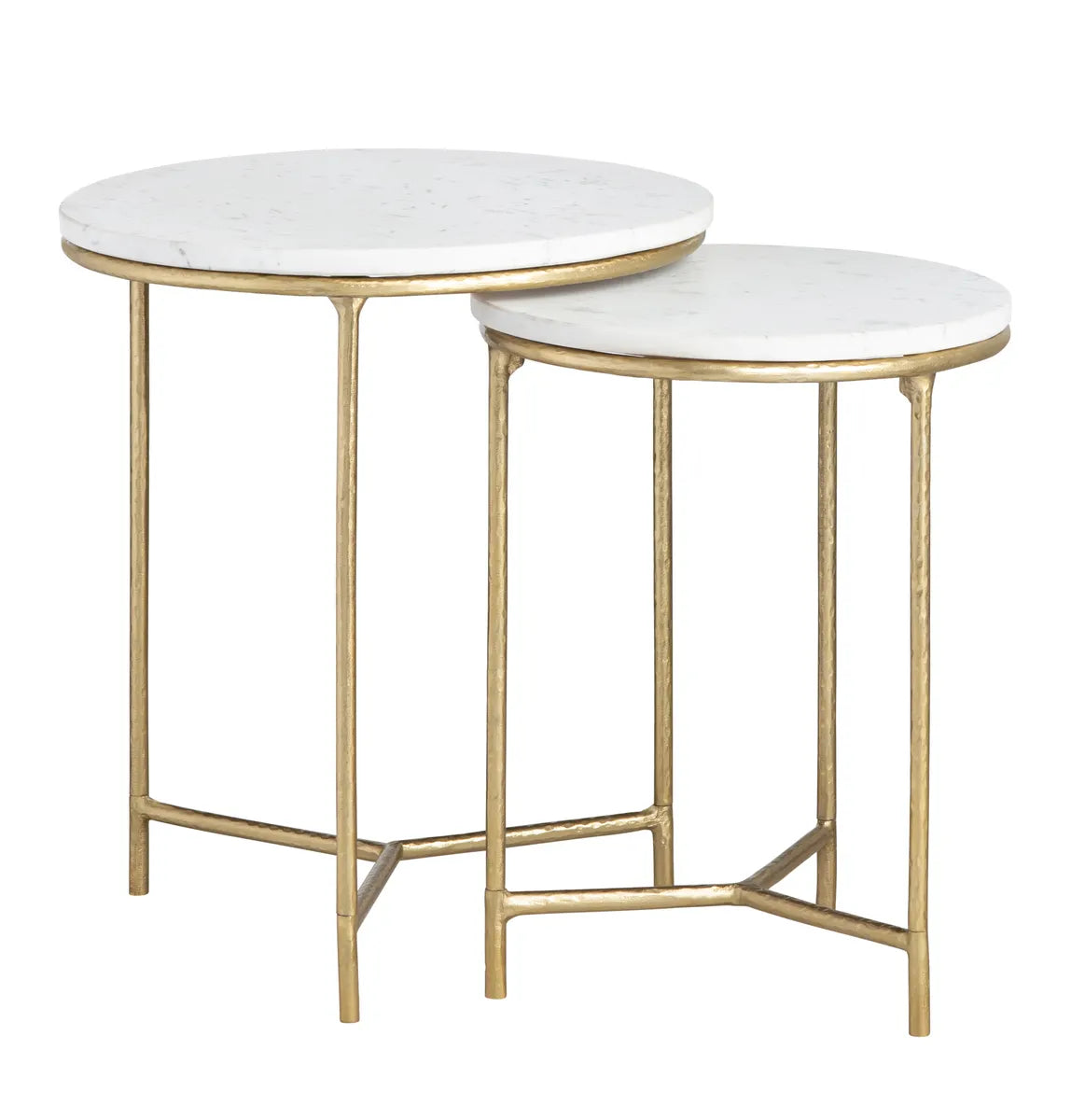Two round side tables with white marble tops and gold metal frames on a white background