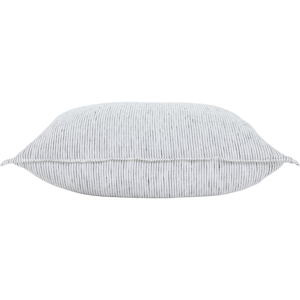 A square-shaped throw pillow with a double-sided white and black stripe design on a white background.