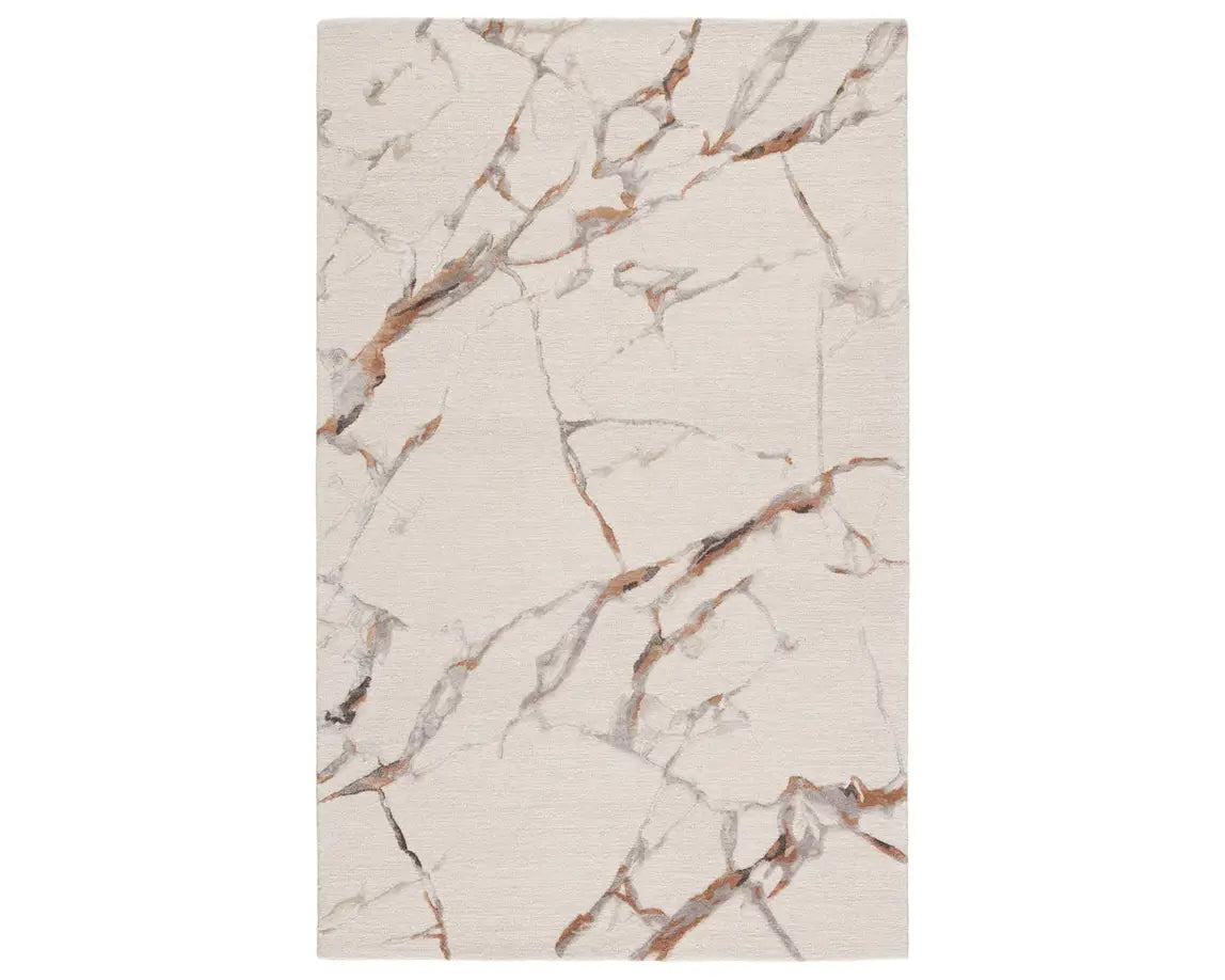 A rectangular area rug with a light gray color and a marble-like pattern, indicating a hand-tufted construction.