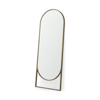 An oval-shaped full-length mirror with an antique-gold finish and a decorative bezel.