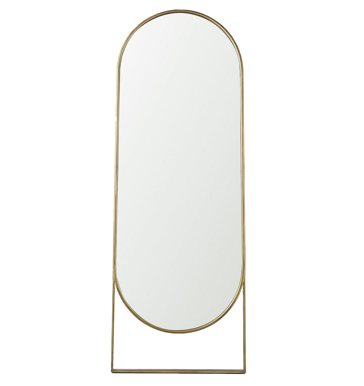 Oval-shaped mirror with a gold frame on a white background