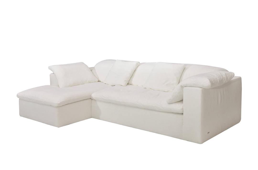A white, left-facing sectional sofa with a chaise lounge on the left side.