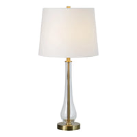 Table lamp with a white shade and metallic base on a white background