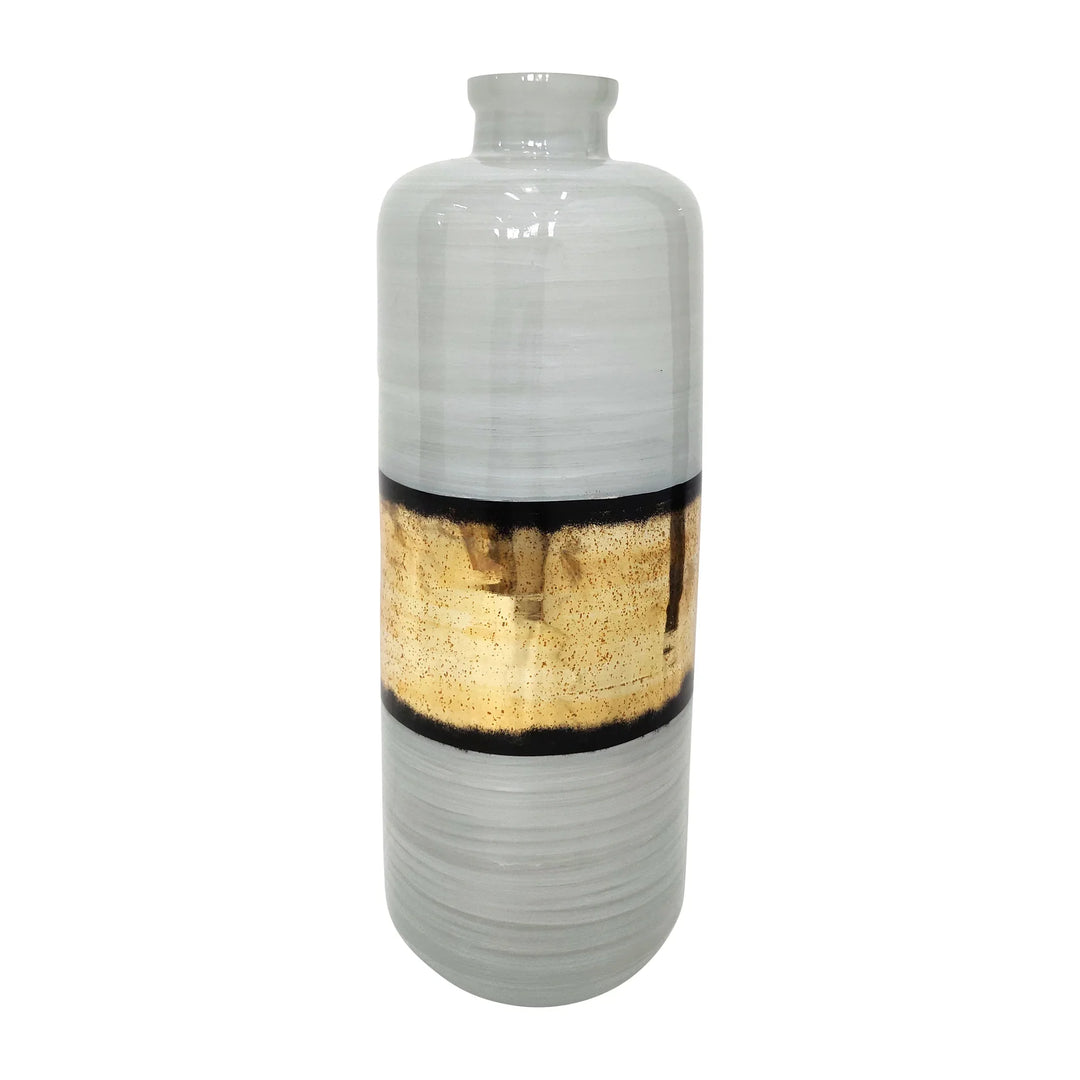 A conical gold-colored ceramic vase with a black trim and a white body, presumably designed for holding flowers.