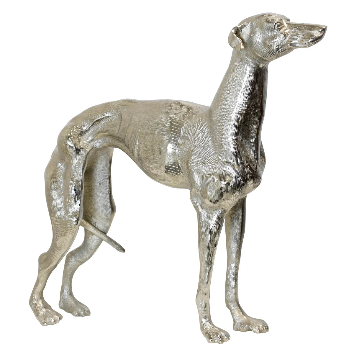 Silver dog figurine on a white background