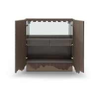 Wooden cabinet with open doors on a white background