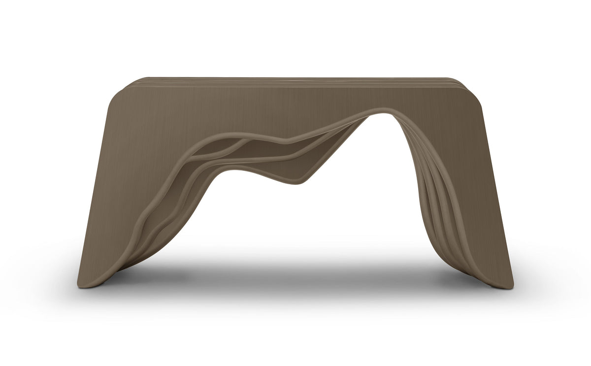 Modern brown bench with wavy design on a white background