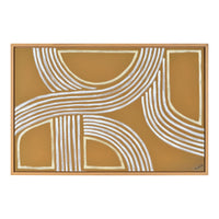 A canvas painting with abstract geometric lines in white and gold colors, framed in a white oak frame.