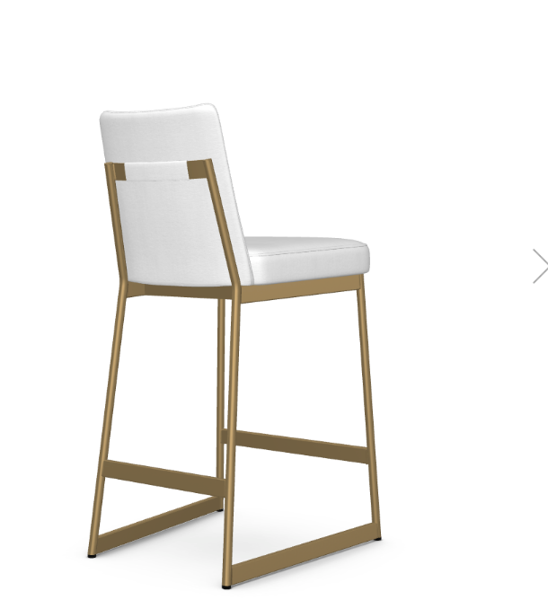 A white counter dining chair with a gold metal frame and a full backrest.