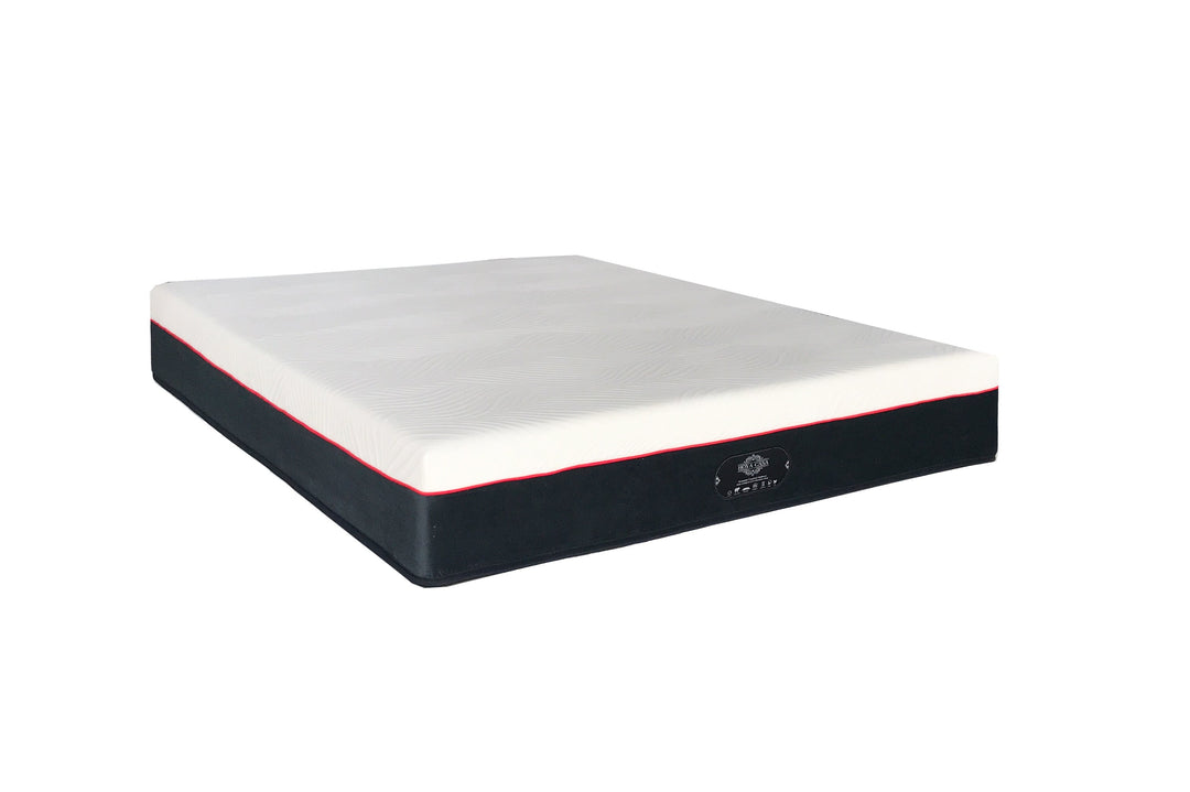 A white mattress with a black and red striped base, presumably a memory foam mattress, on a white background.